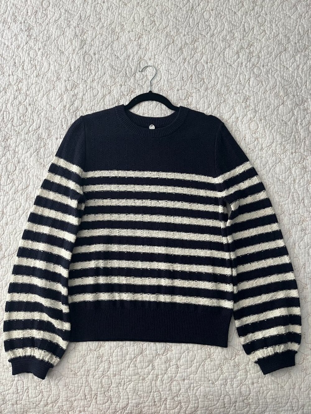 Margaret O'Leary Navy and White Striped Crewneck Sweater, Size Medium
